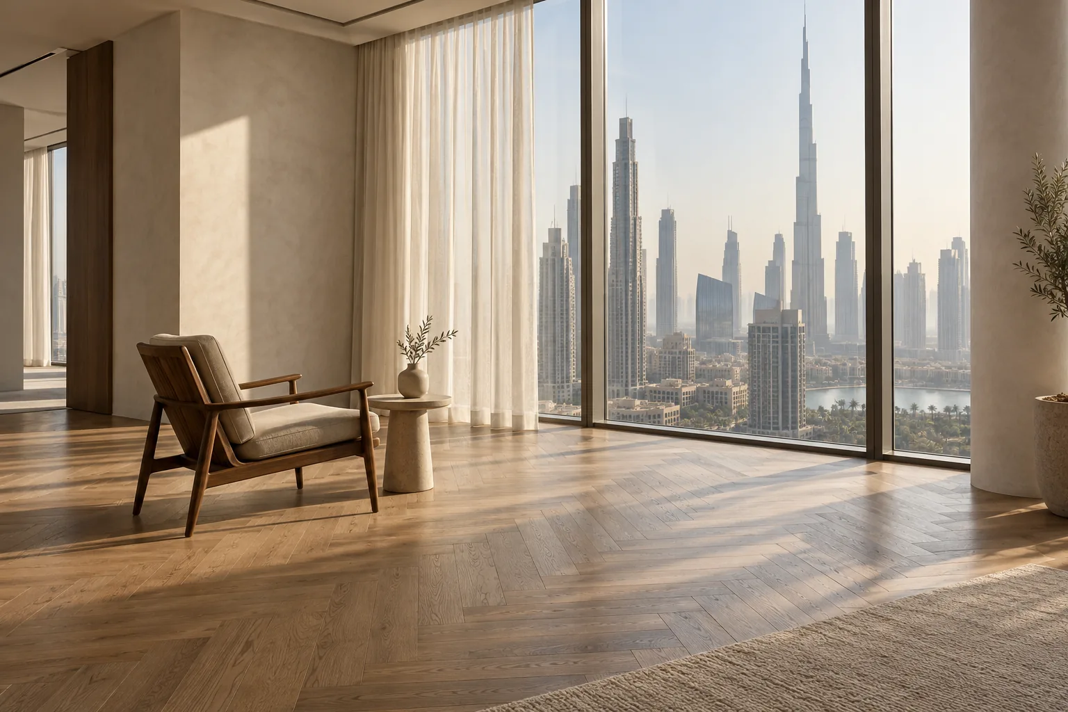A bright, empty Dubai apartment staged for sale, city towers beyond floor-to-ceiling glass