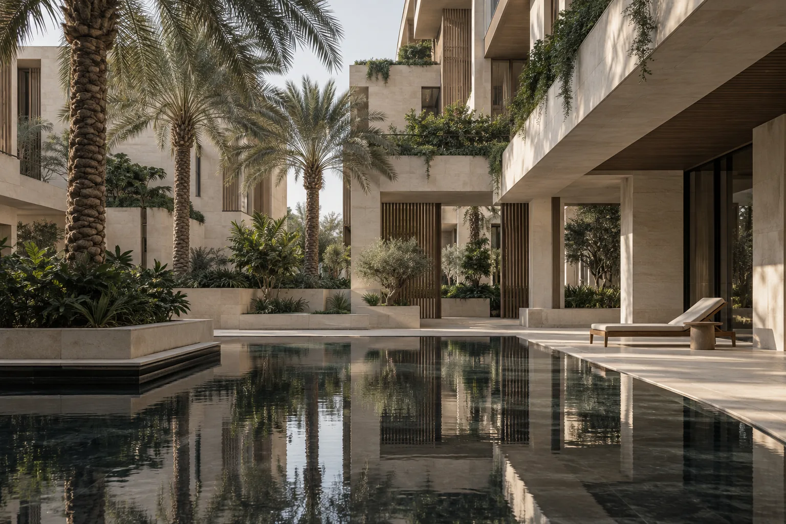 A shaded courtyard with a still reflecting pool in a wellness-led Dubai residential building